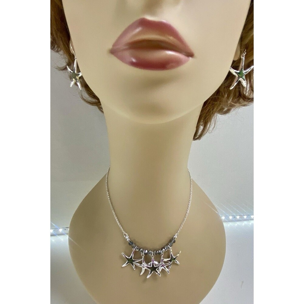 Sea Beach Abalone Starfish Women Necklace 14-16” Earrings Set w Aurora Beads